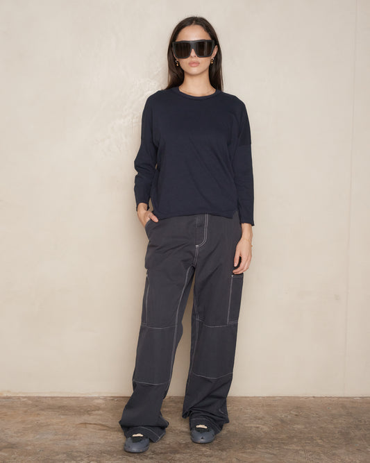 Navy Drop Shoulder Long Sleeve T-shirt