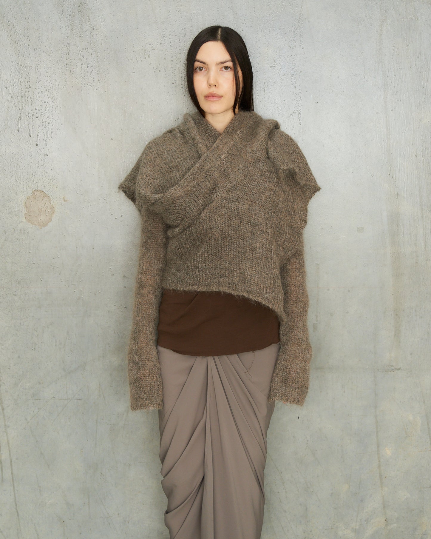 Peachoo + Krejberg Grey Brown Drape Knit Open Cardigan