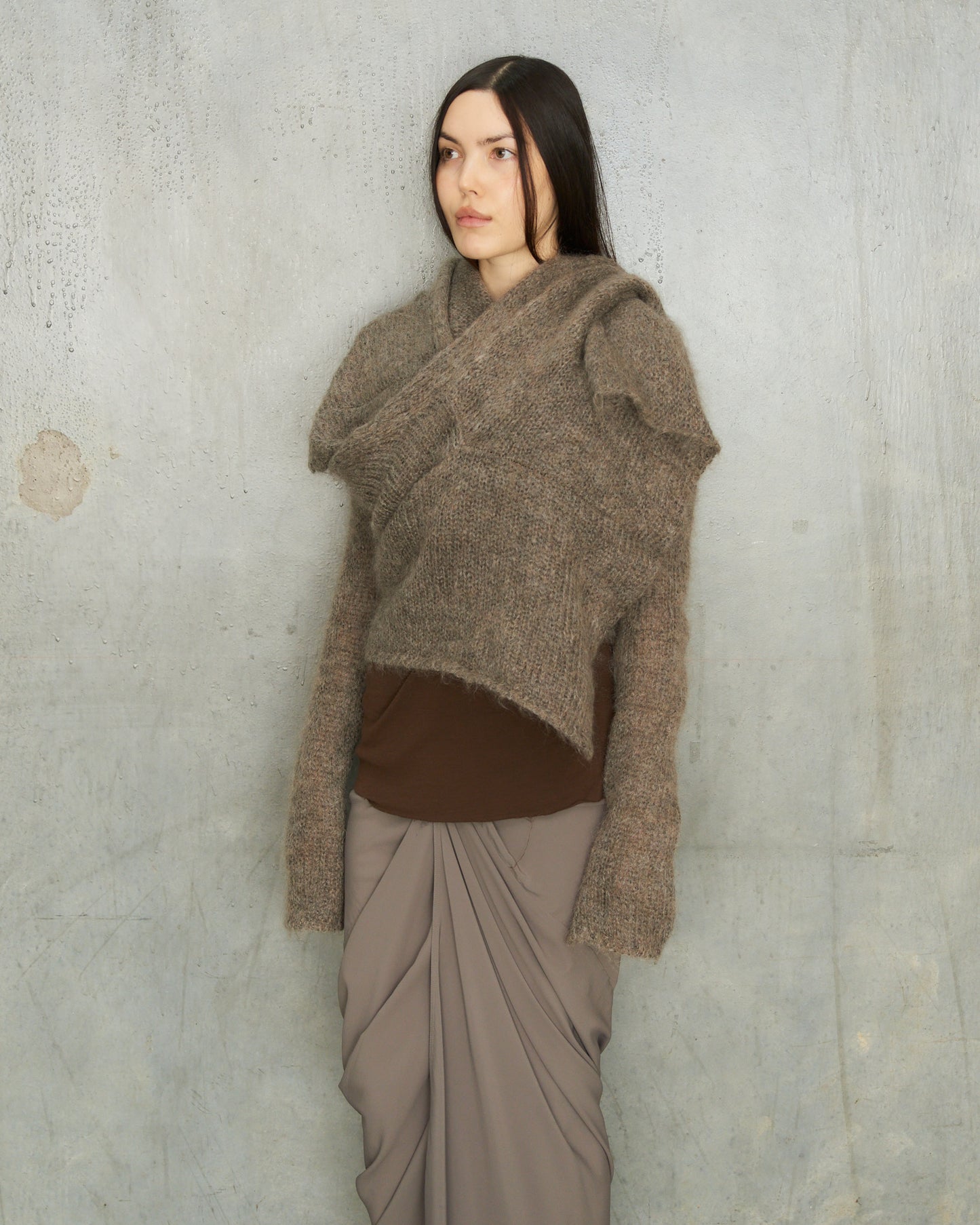 Peachoo + Krejberg Grey Brown Drape Knit Open Cardigan