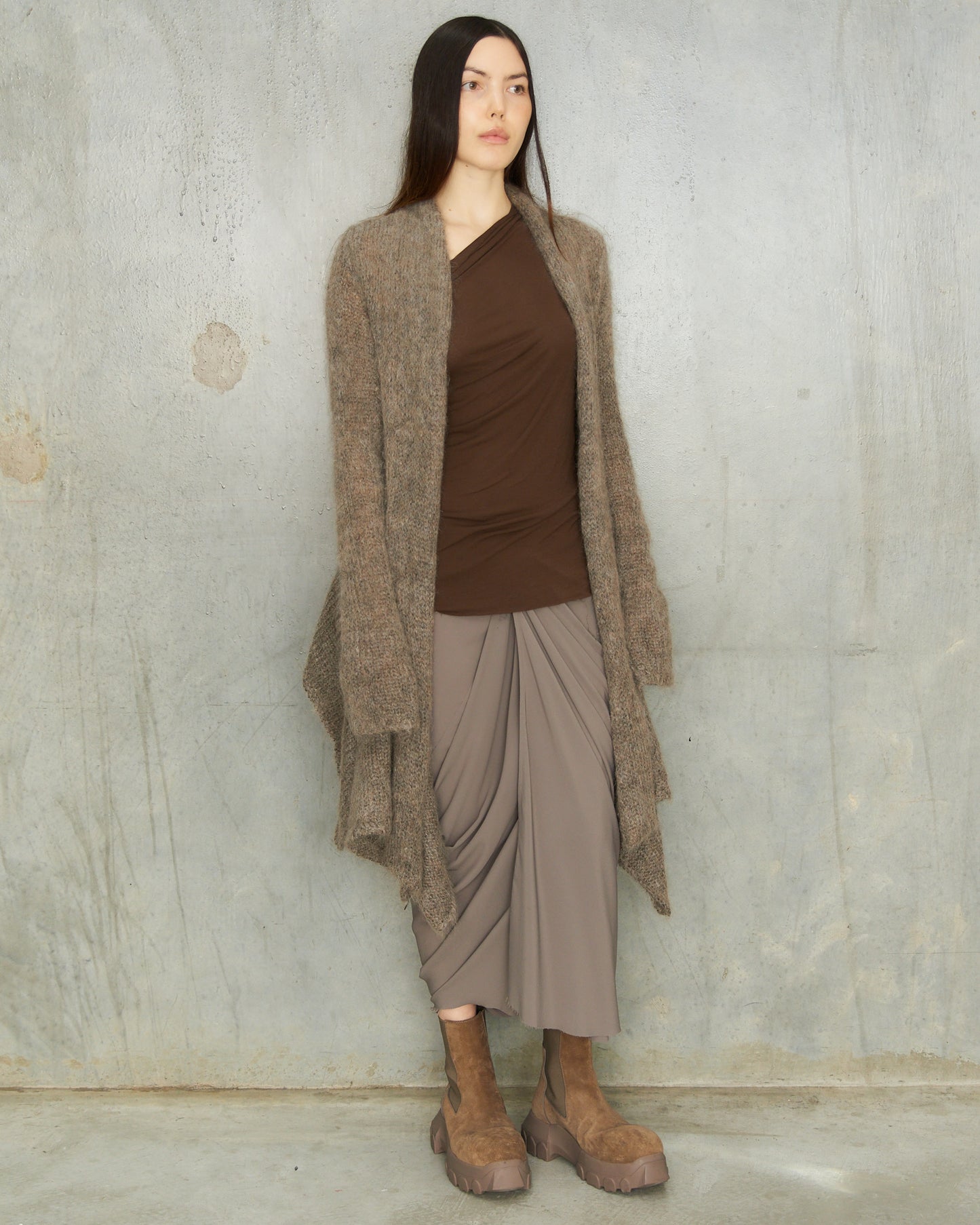 Peachoo + Krejberg Grey Brown Drape Knit Open Cardigan