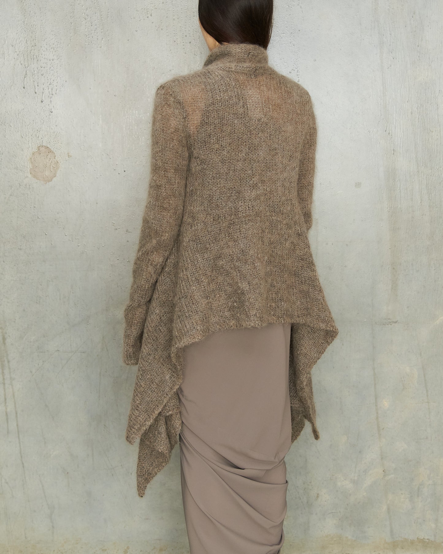 Peachoo + Krejberg Grey Brown Drape Knit Open Cardigan