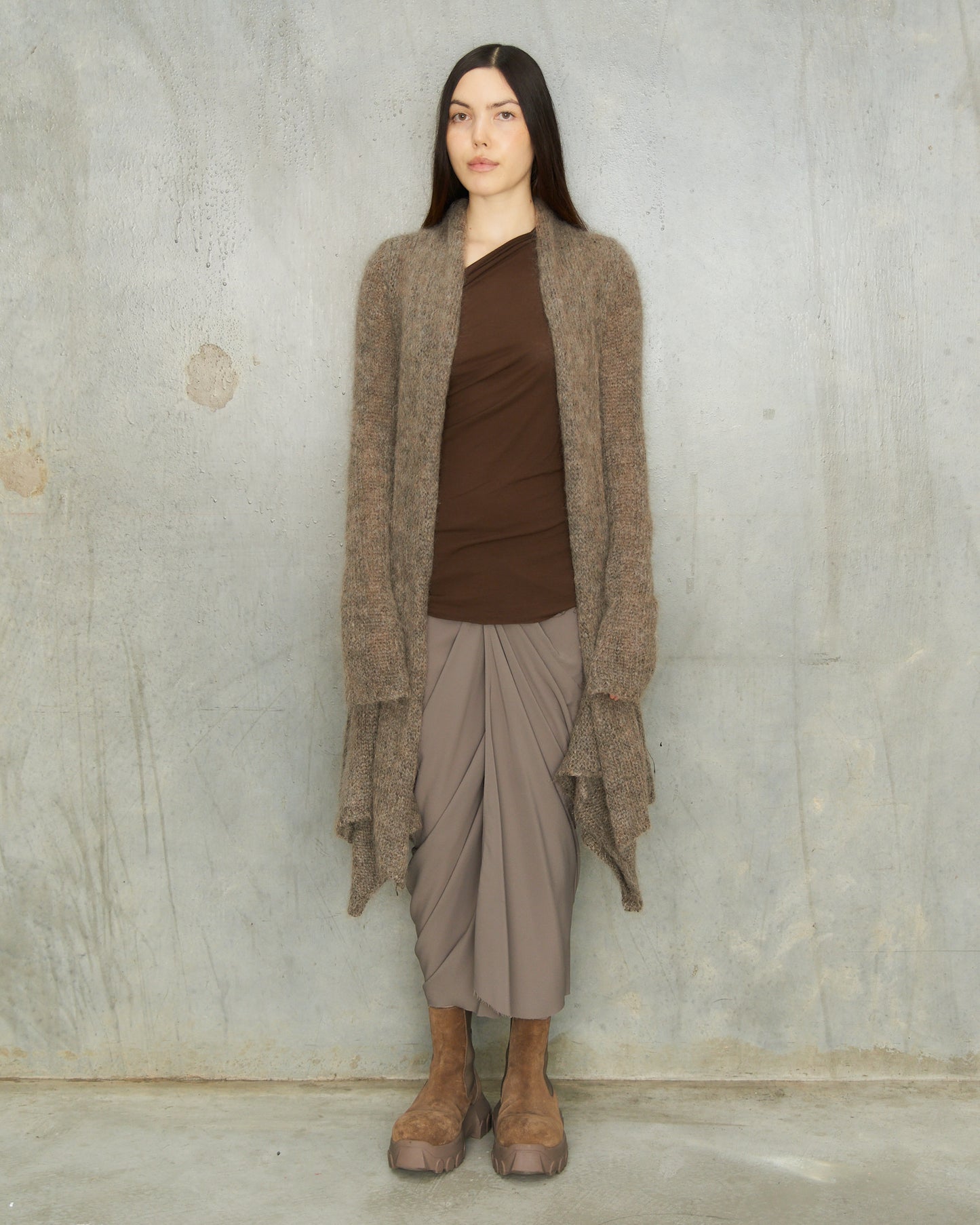 Peachoo + Krejberg Grey Brown Drape Knit Open Cardigan