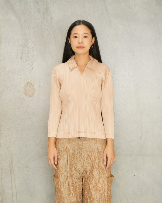 Beige Pleated Collared Blouse