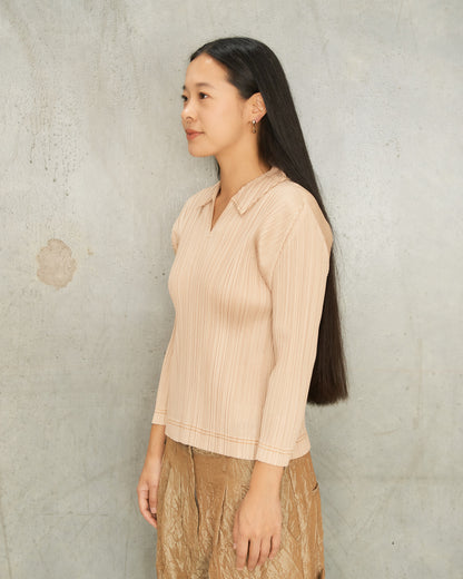 Beige Pleated Collared Blouse
