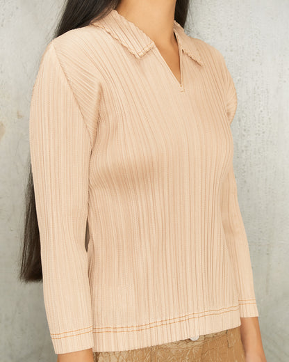 Beige Pleated Collared Blouse