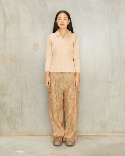 Beige Pleated Collared Blouse