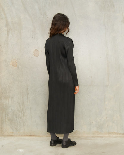 Black Open Collar Pleat Dress