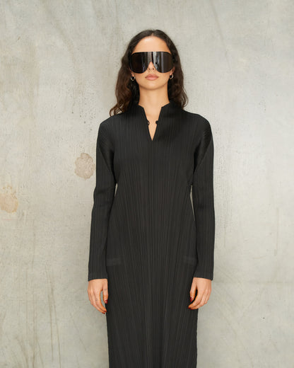Black Open Collar Pleat Dress