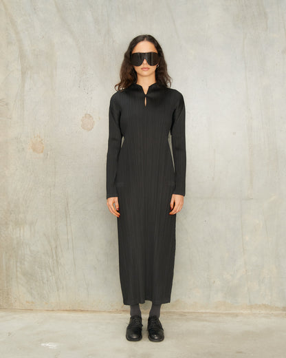 Black Open Collar Pleat Dress