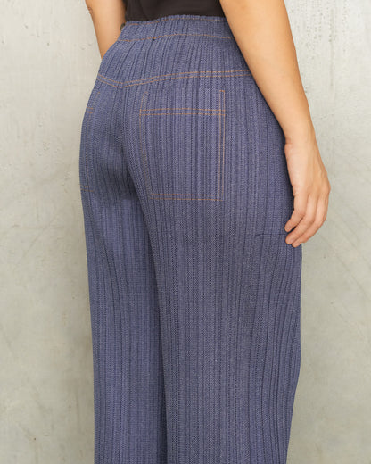 Navy Denim Pleats Pants