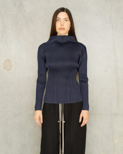 Navy Classic Pleats Long Sleeve Top