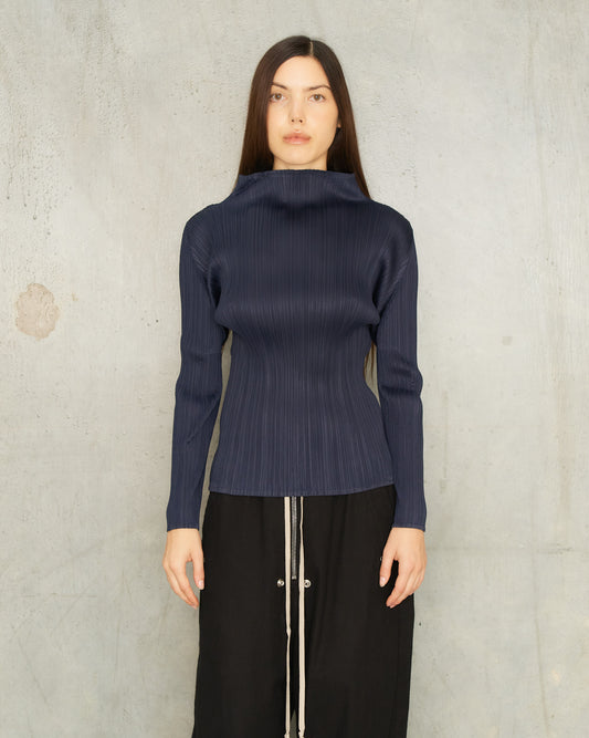 Navy Classic Pleats Long Sleeve Top