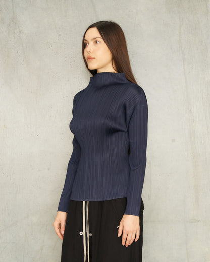 Navy Classic Pleats Long Sleeve Top