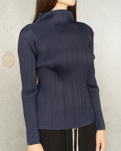 Navy Classic Pleats Long Sleeve Top