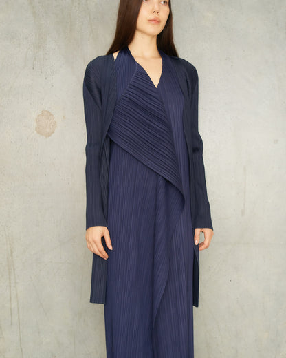 Navy Pleated Open Longline Cardigan