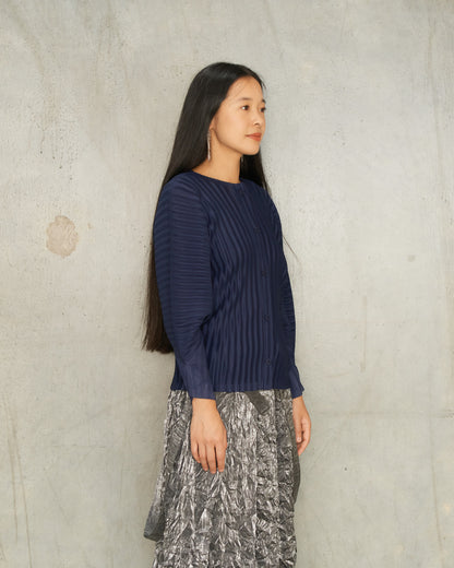 Navy Wide Pleats Cardigan
