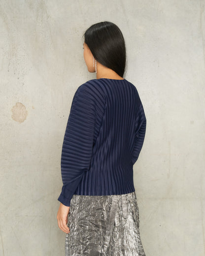 Navy Wide Pleats Cardigan