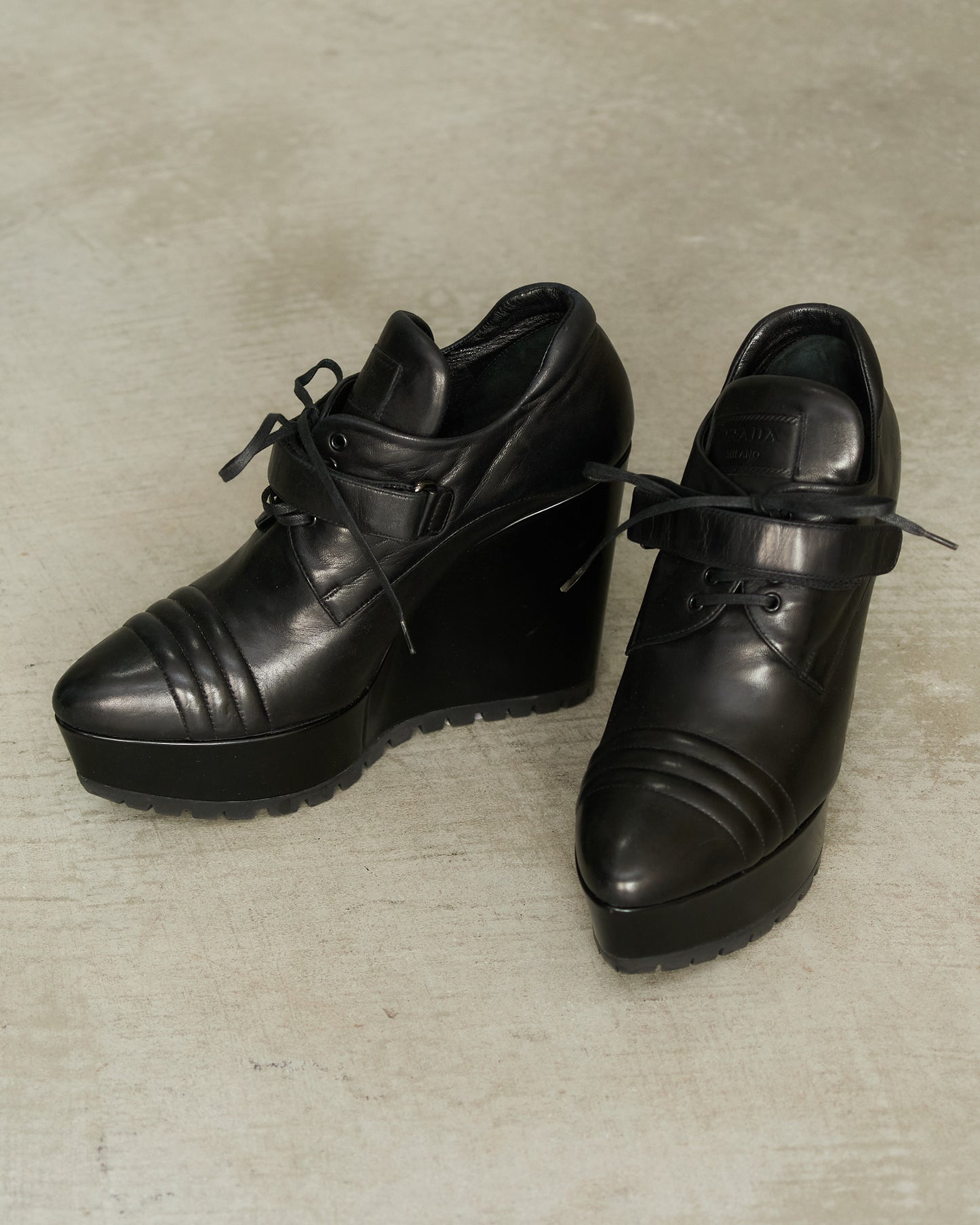 Prada Black Leather Wedge Booties