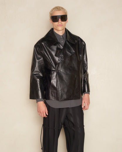 Black Cropped Leather Drella Jacket