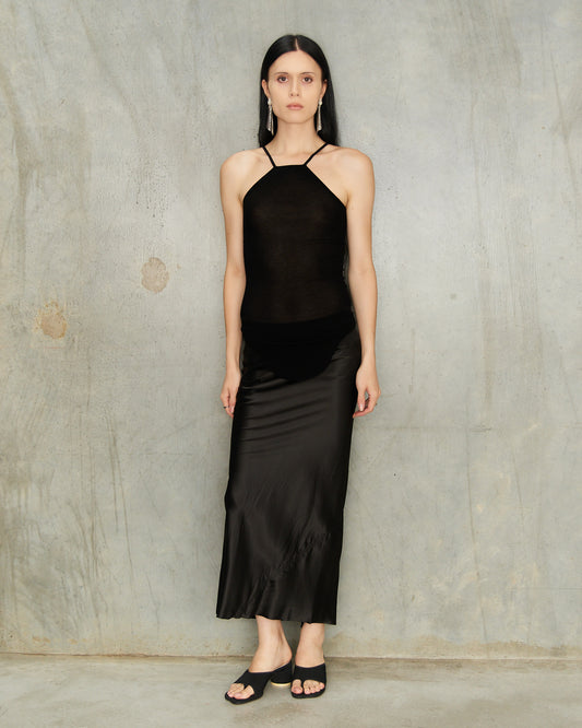 Black Satin Calf Bias Skirt