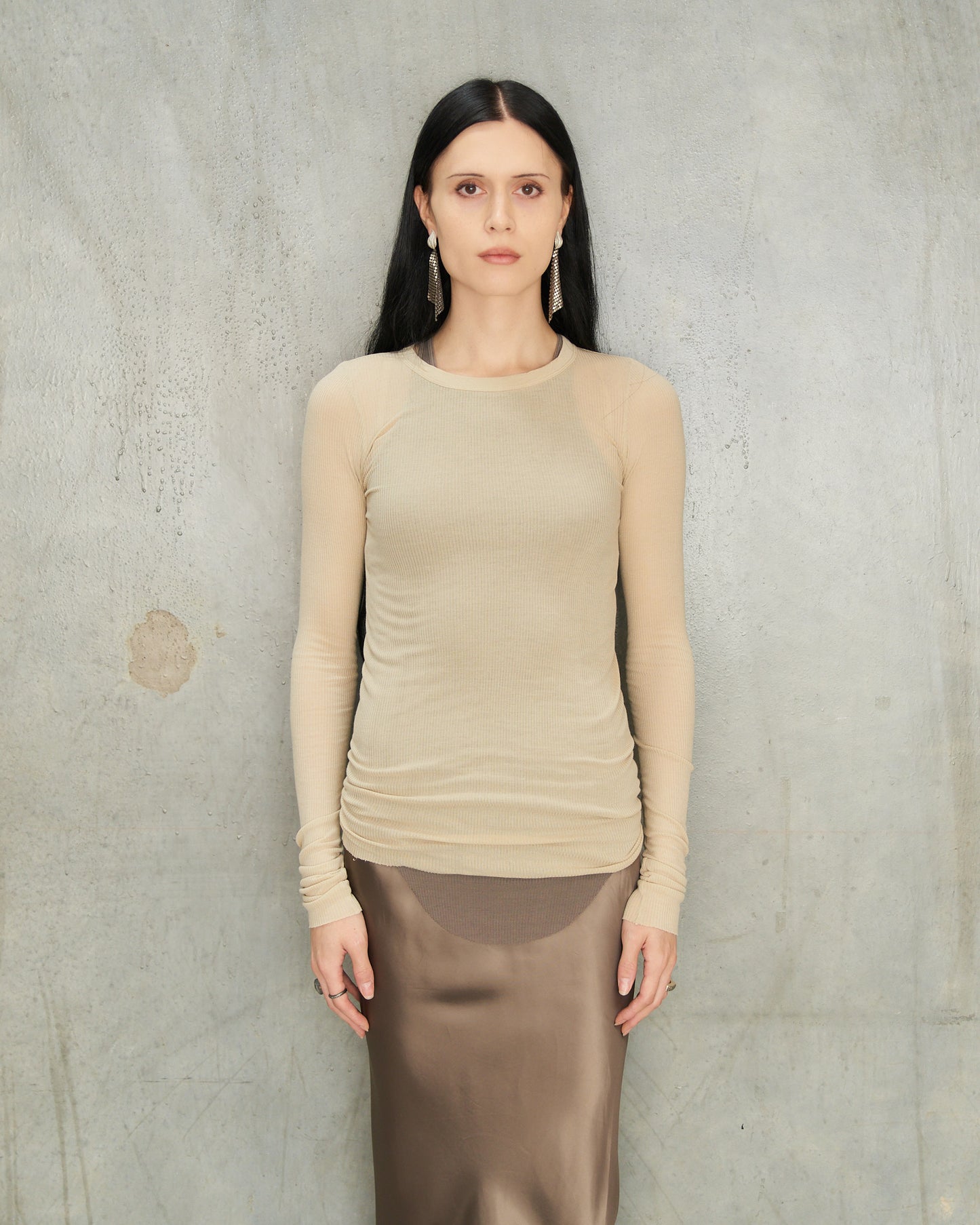 Sand Ribbed Long Sleeve Top