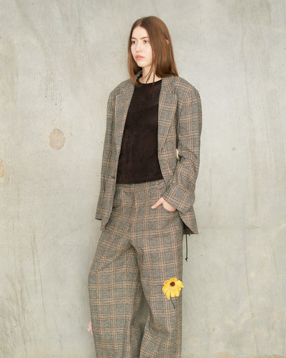 Brown Check Flower Square Blazer