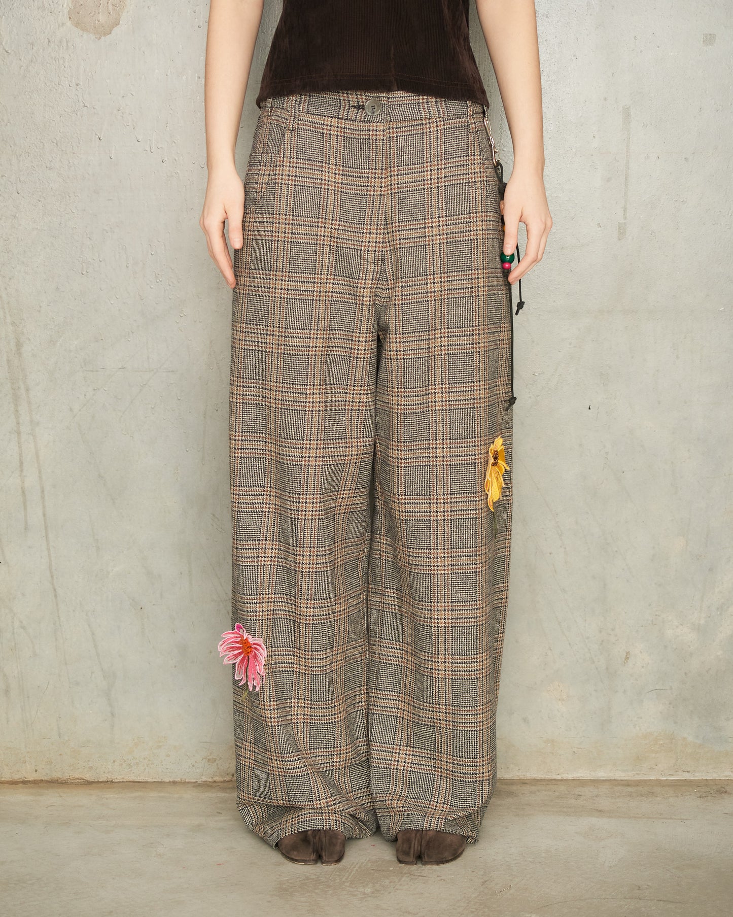 Brown Check Flower Pants