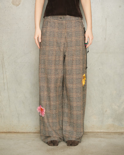 Brown Check Flower Pants