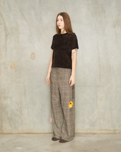 Brown Check Flower Pants