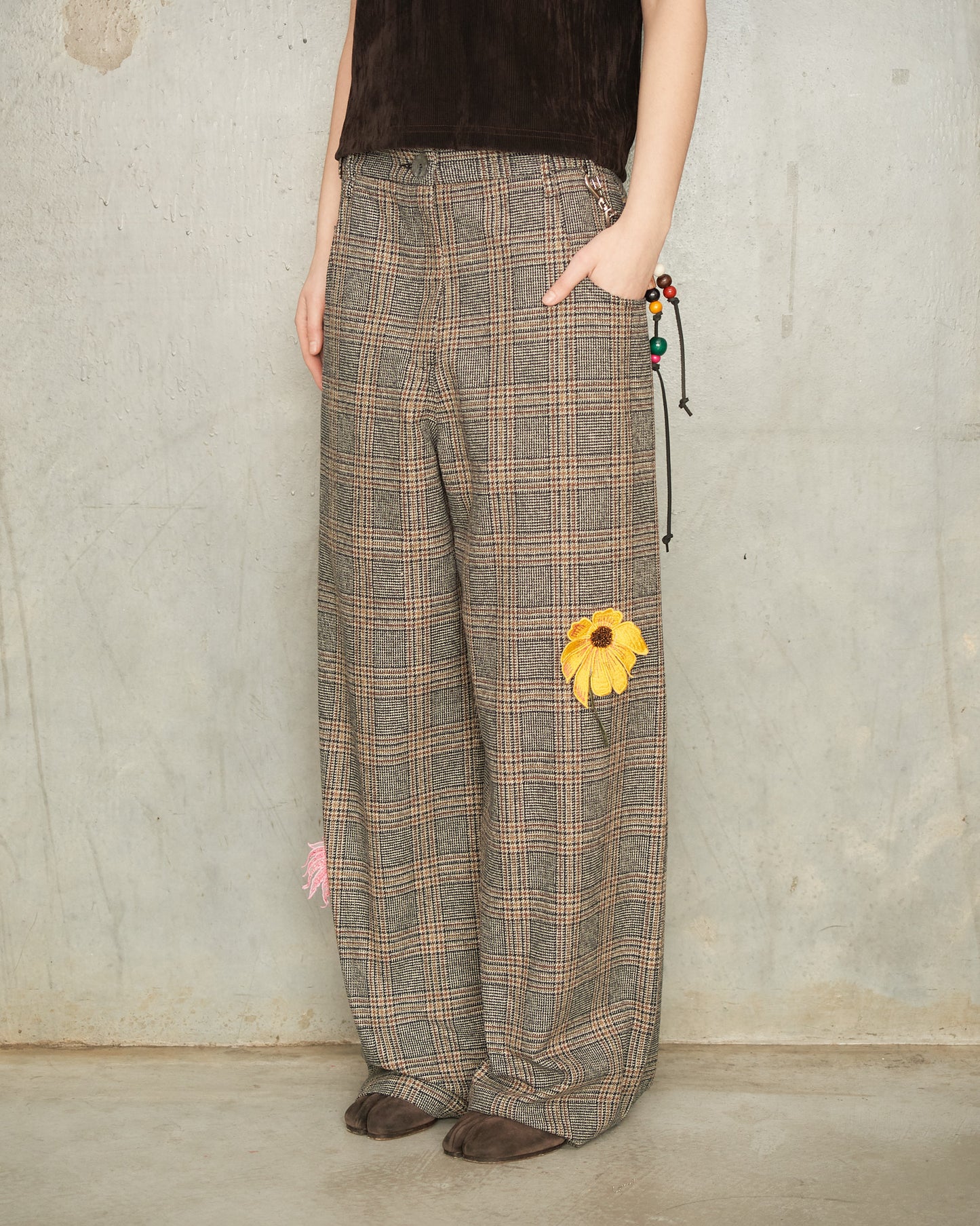 Brown Check Flower Pants