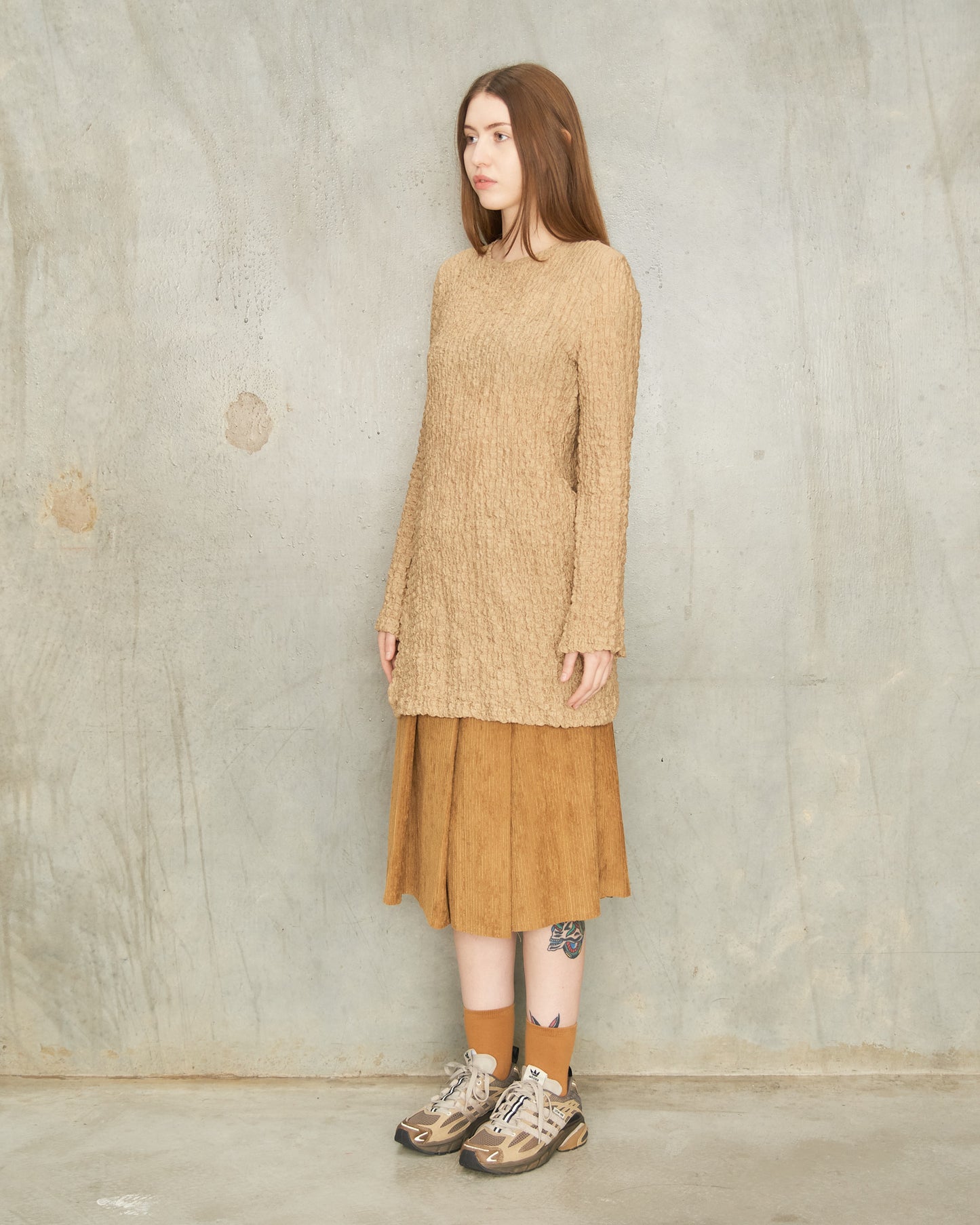 Camel Corduroy Pleated Skirt