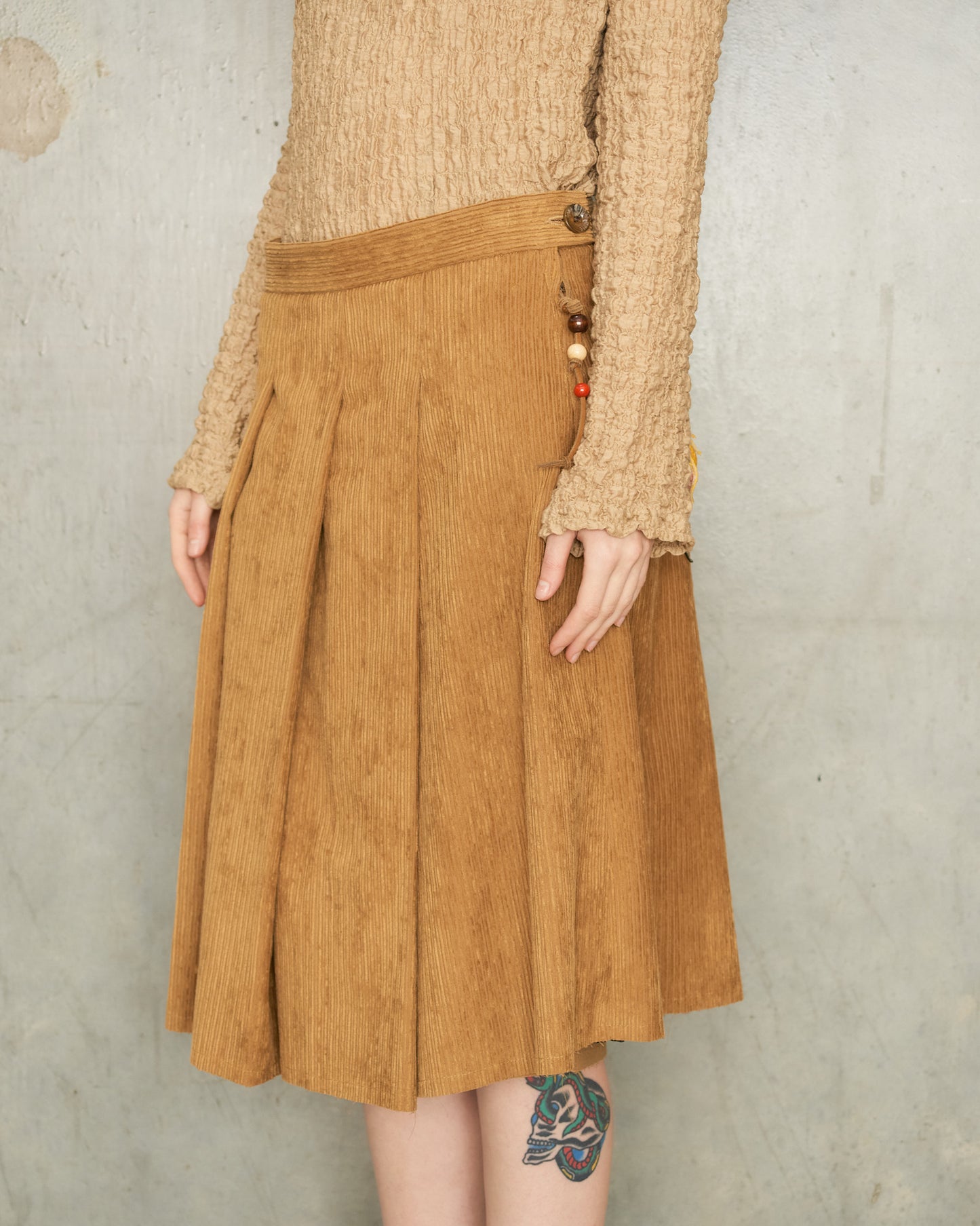 Camel Corduroy Pleated Skirt