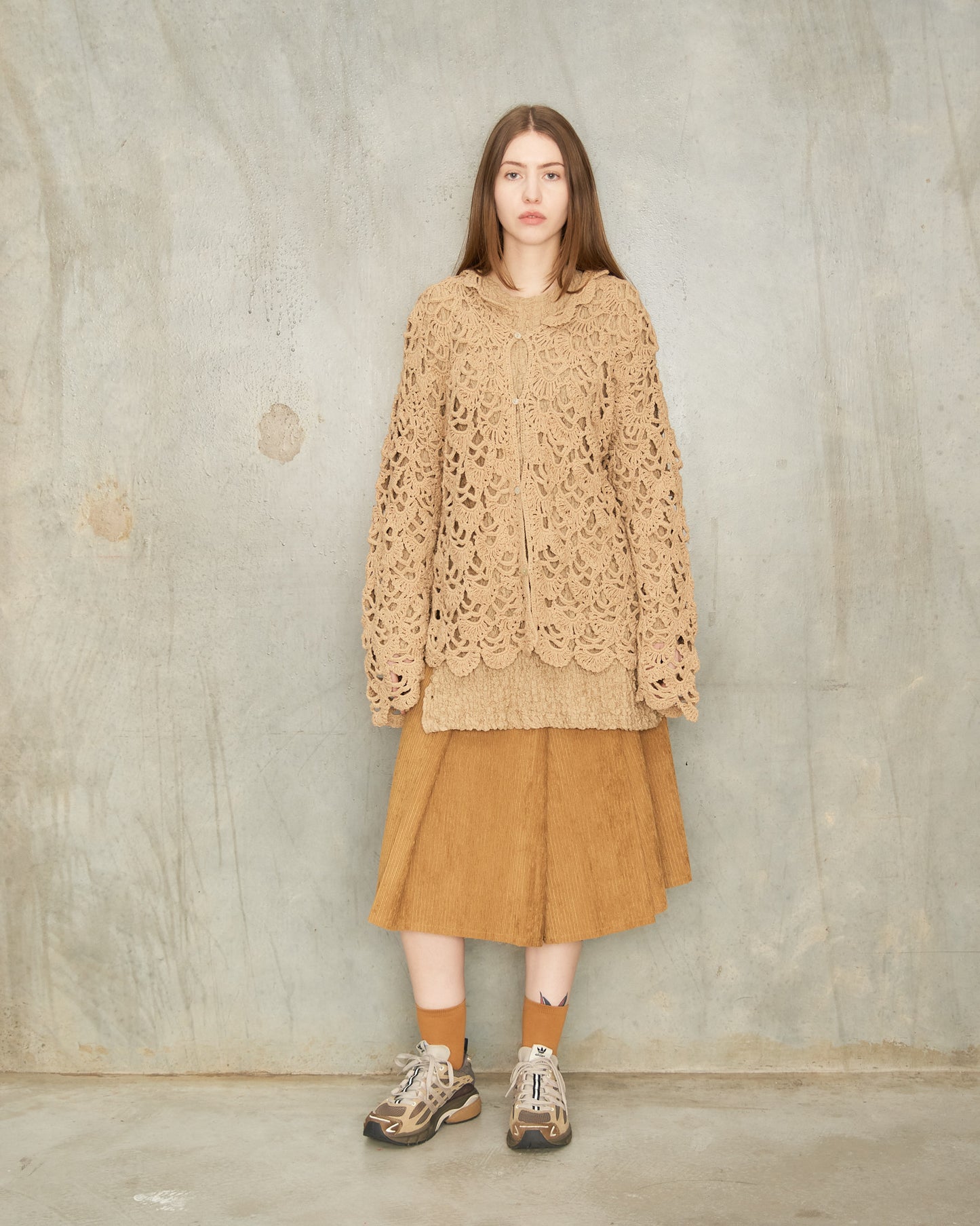 Camel Corduroy Pleated Skirt