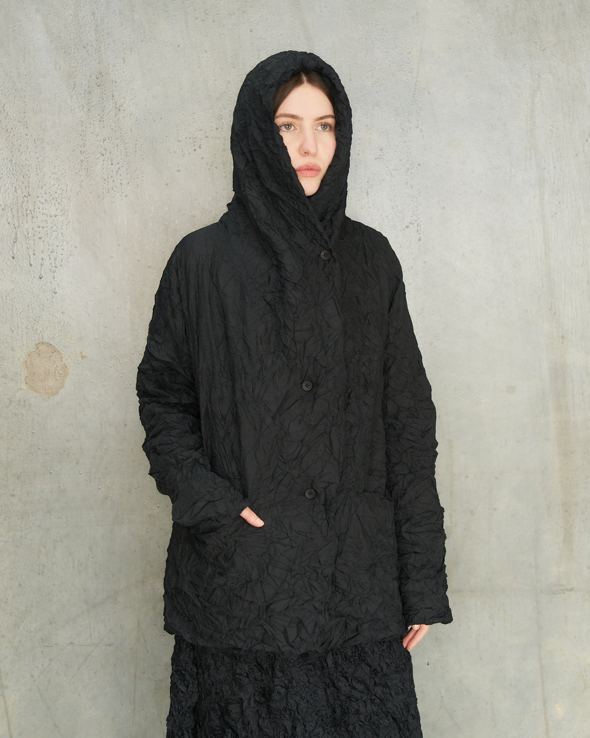 Black Crinkle Hooded Jacket
