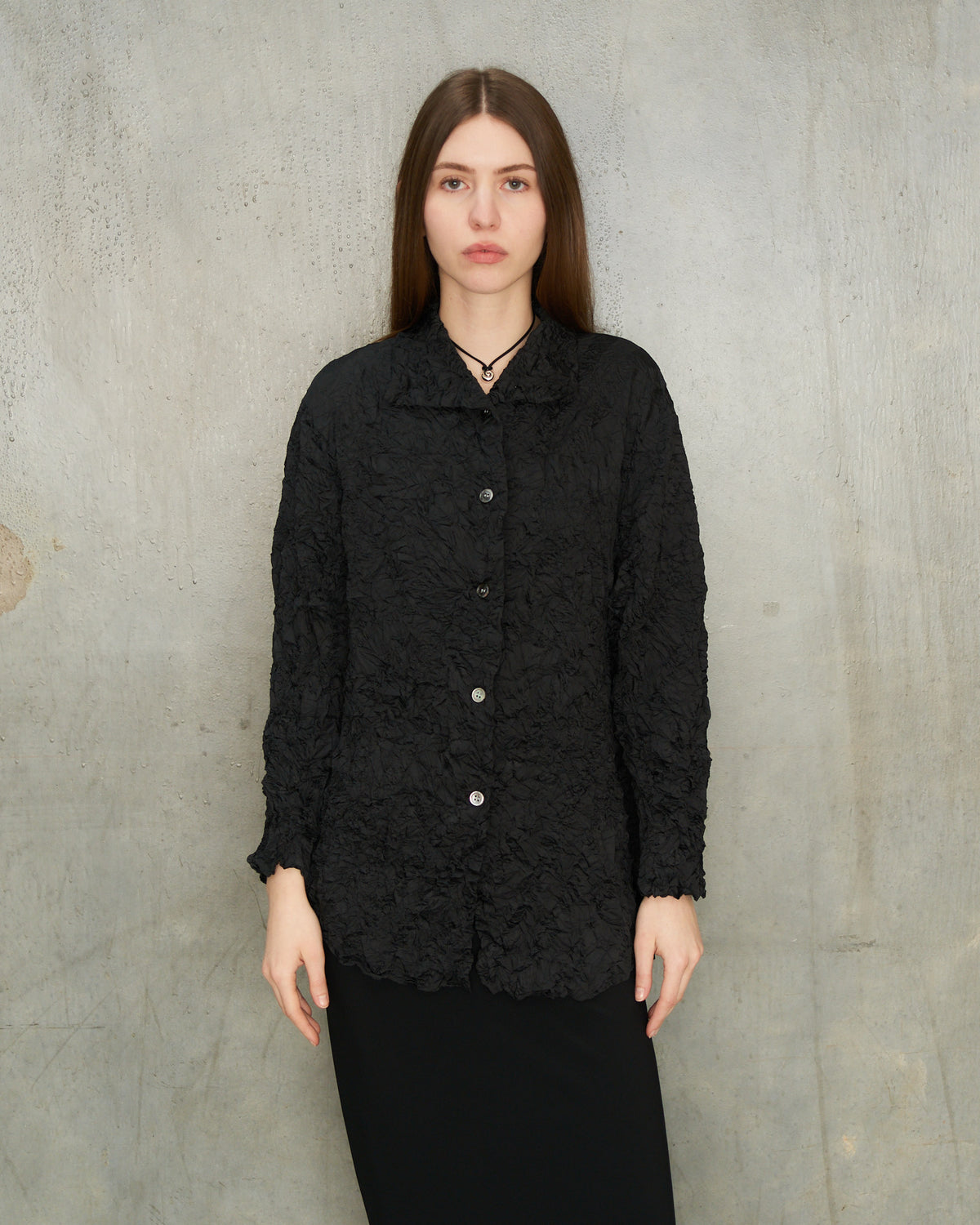 Black Crinkle Collared Shirt