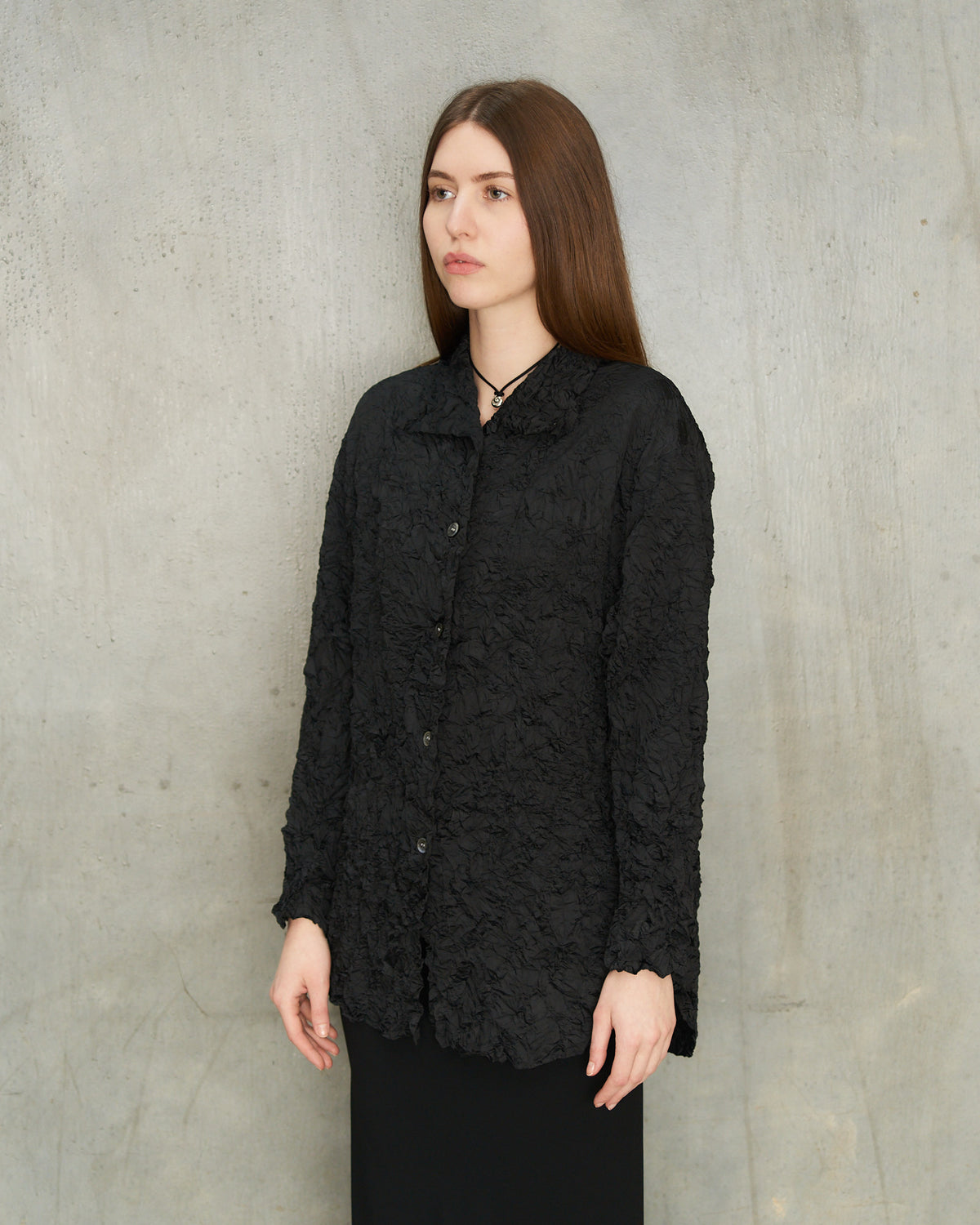 Black Crinkle Collared Shirt