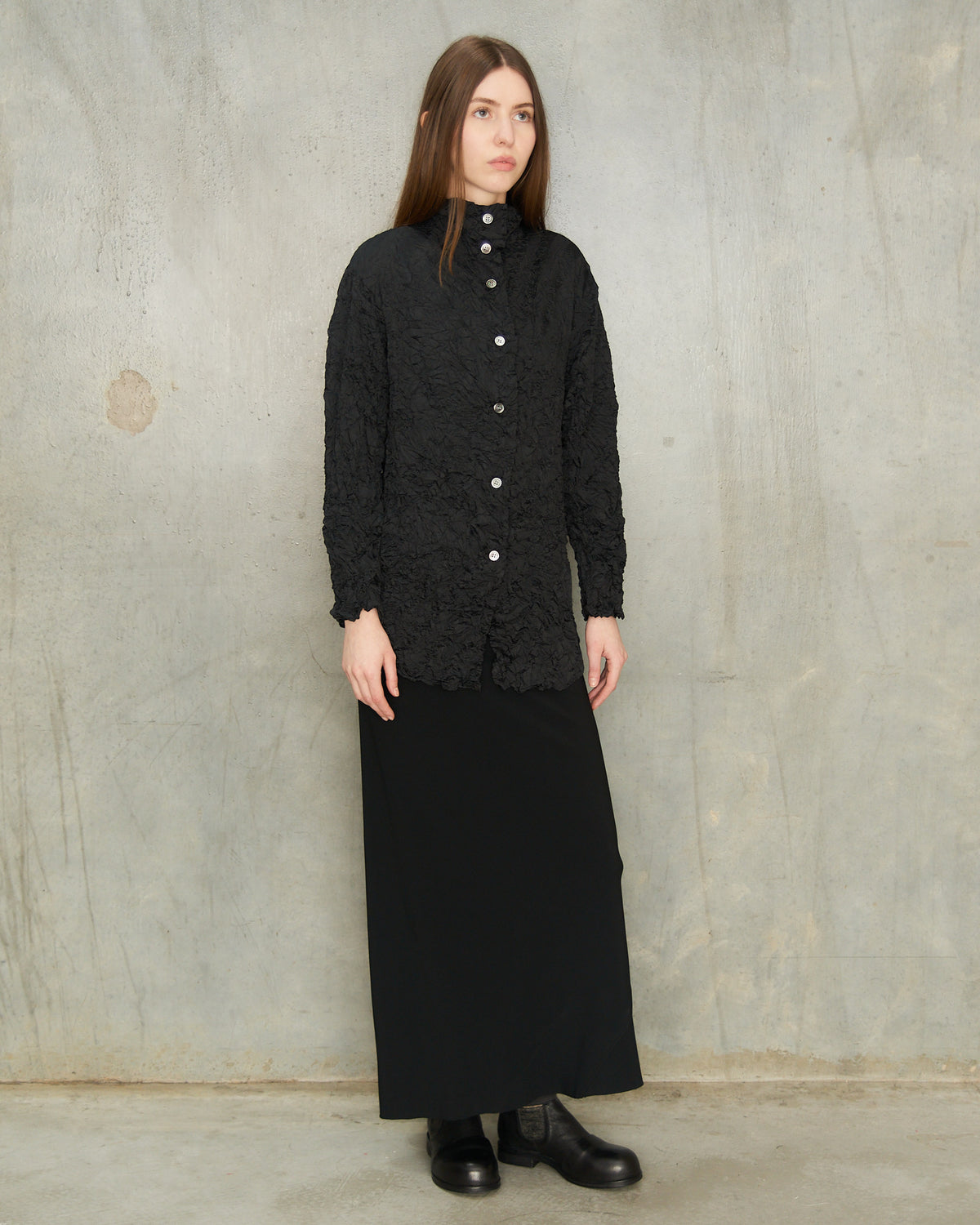 Black Crinkle Collared Shirt