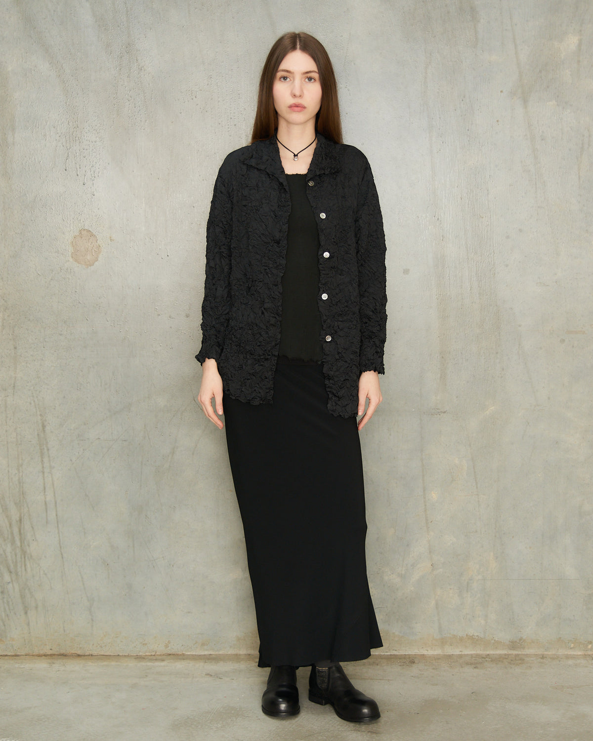 Black Crinkle Collared Shirt