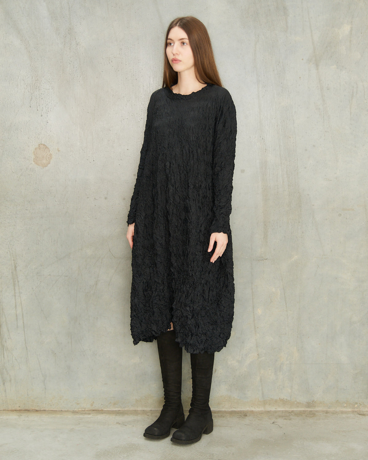 Black Crinkle Crewneck Dress