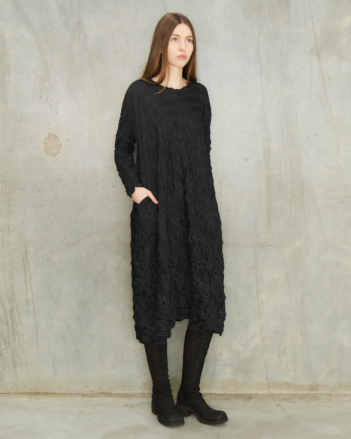 Black Crinkle Crewneck Dress