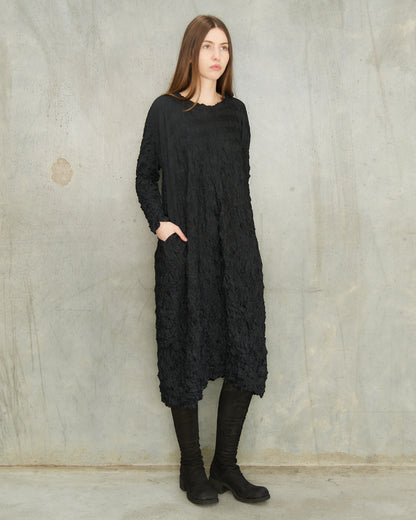 Black Crinkle Crewneck Dress