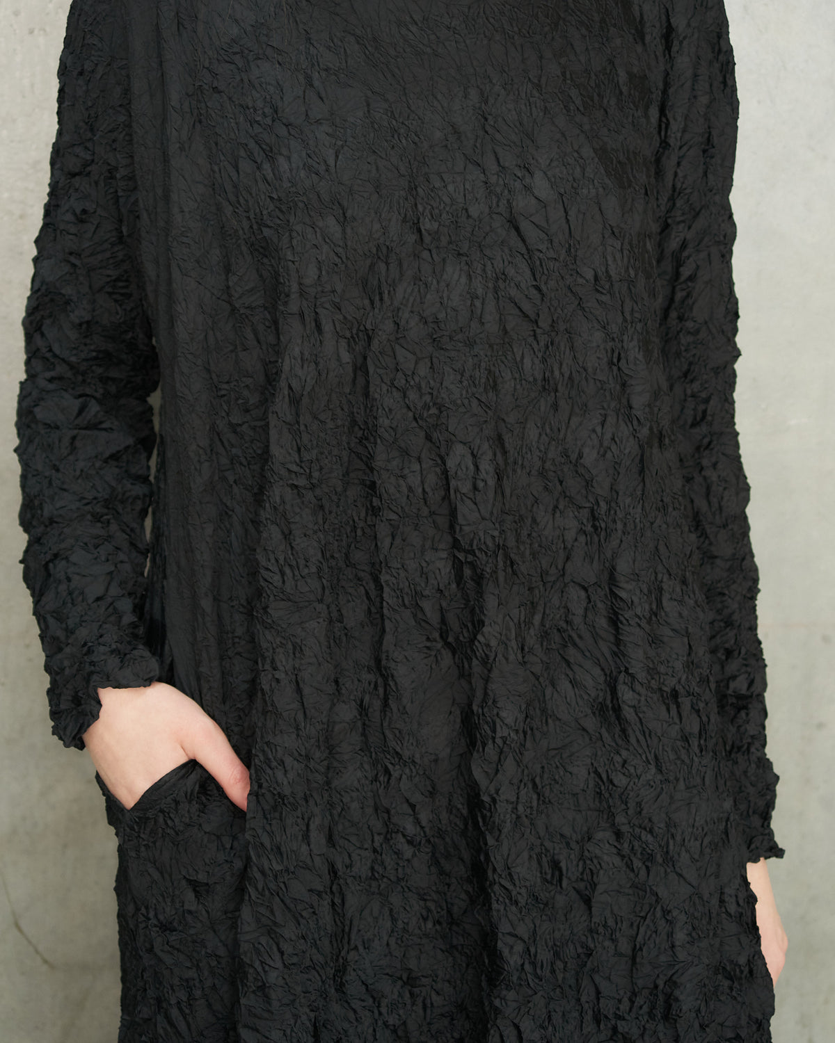 Black Crinkle Crewneck Dress