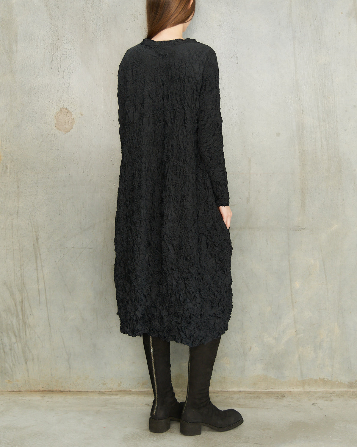 Black Crinkle Crewneck Dress
