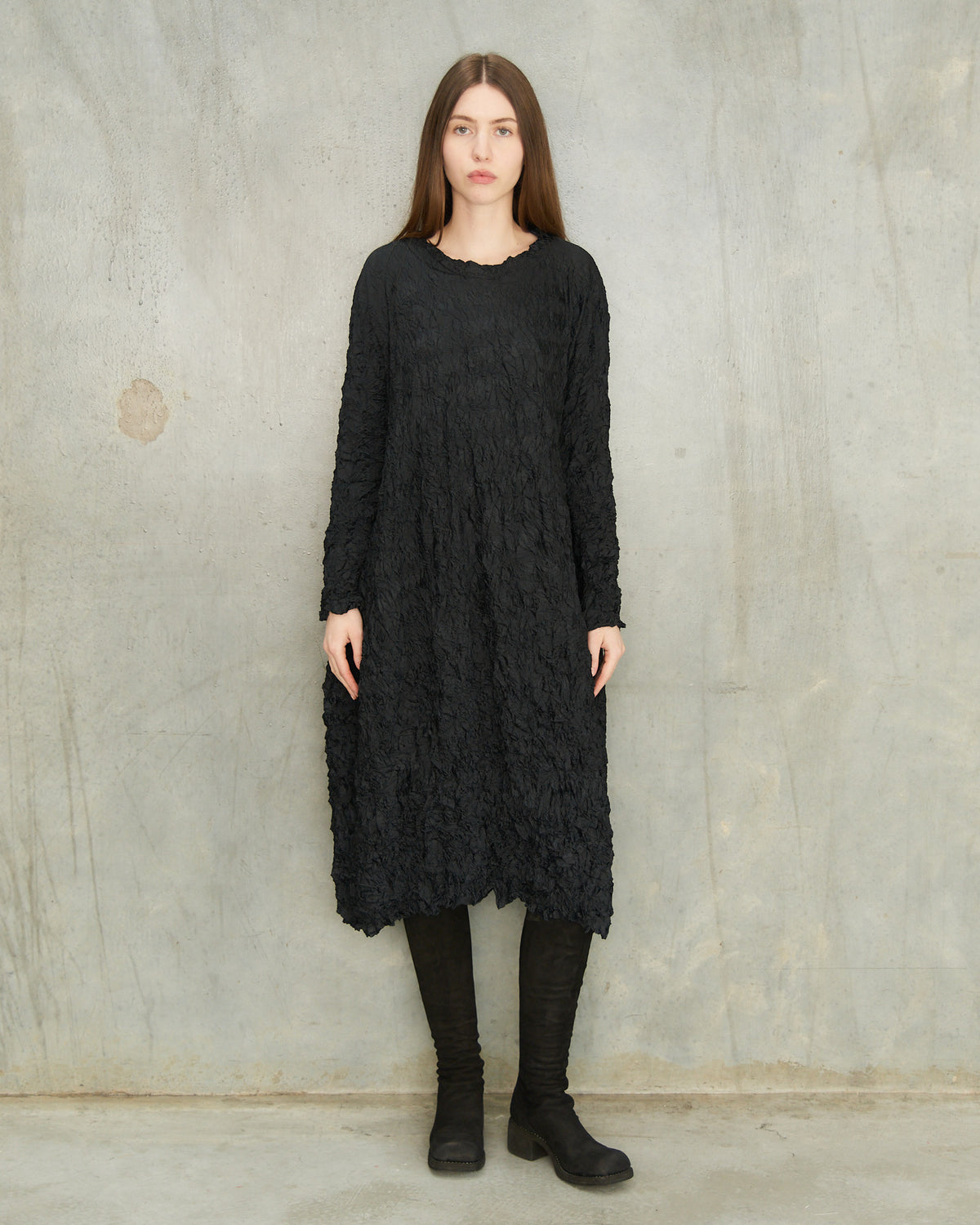 Black Crinkle Crewneck Dress