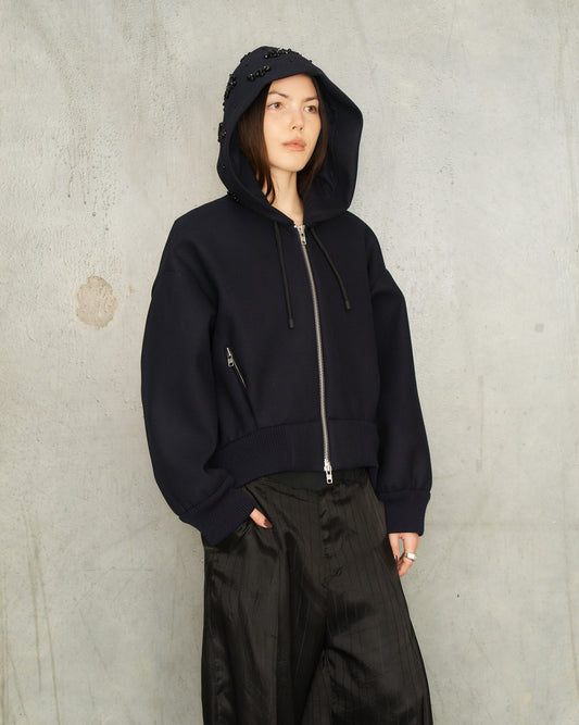 Navy Embellished Hood Zip Bomber