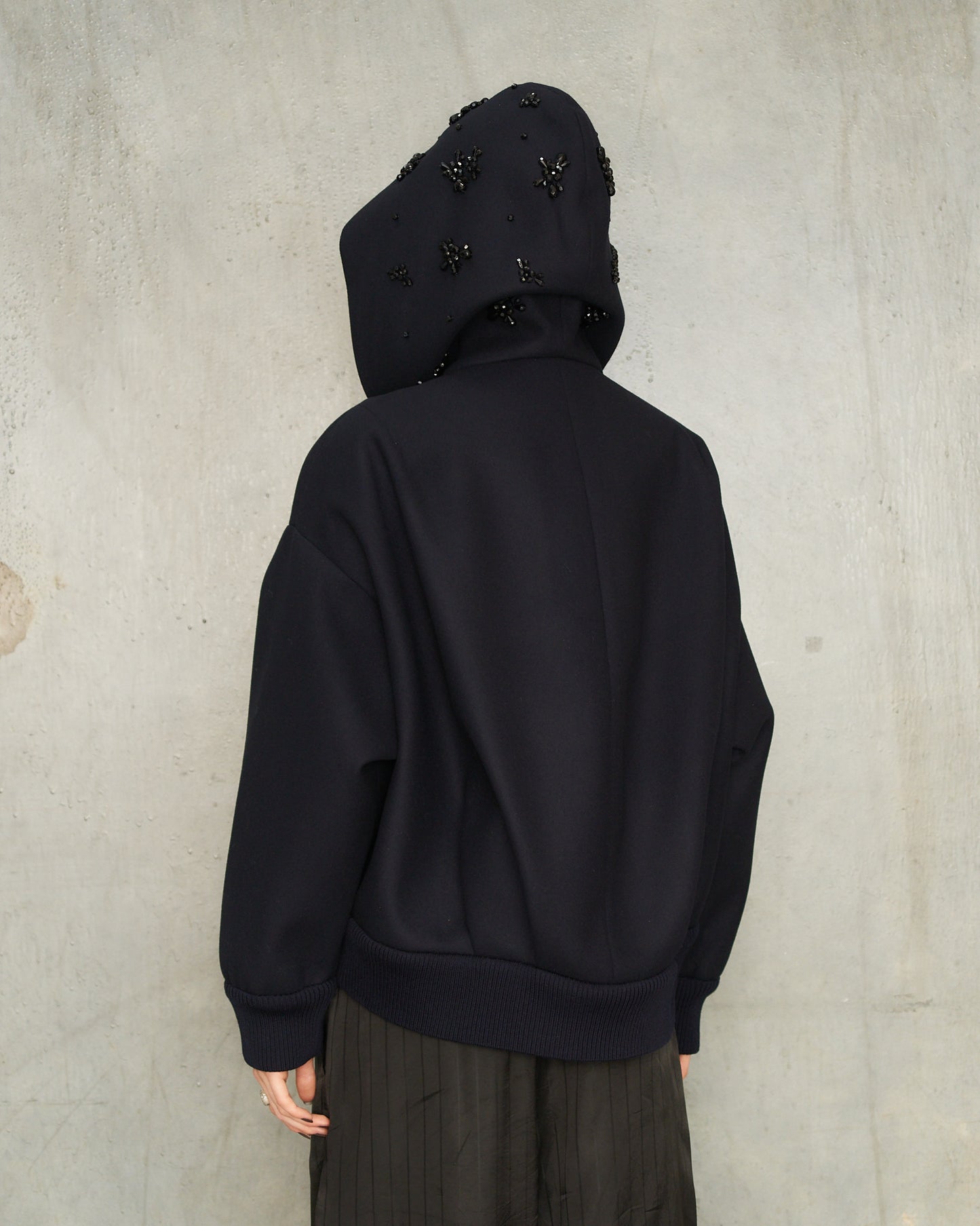 Navy Embellished Hood Zip Bomber