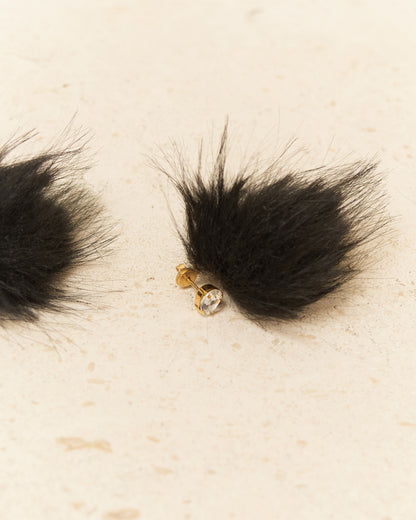 Black Crystal Stud Pompom Earrings