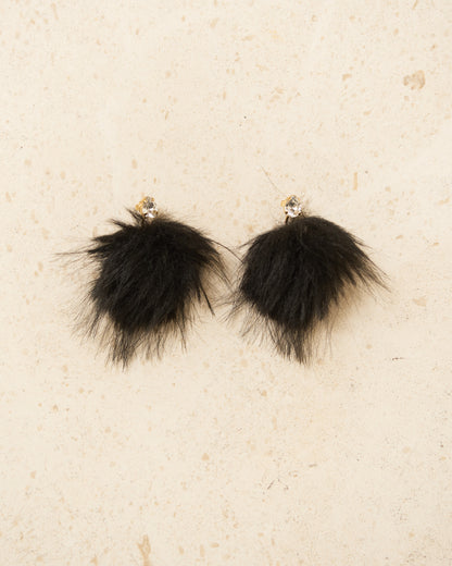 Black Crystal Stud Pompom Earrings