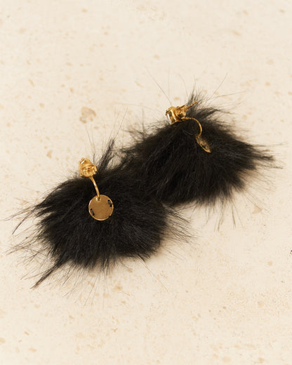 Black Crystal Stud Pompom Earrings