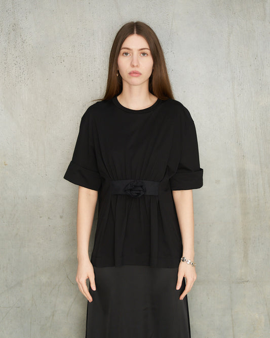 Black Gathered Rose Boy T-Shirt